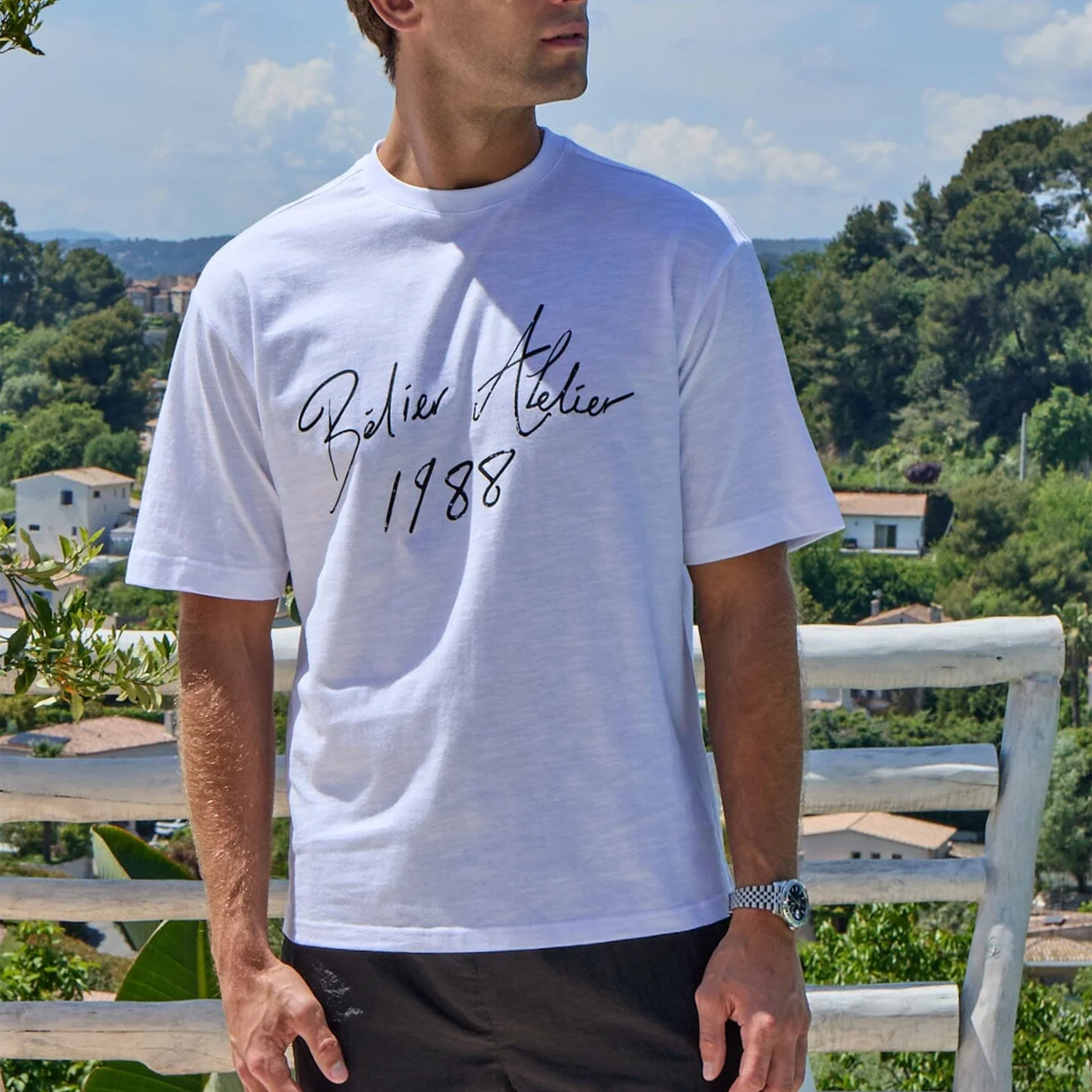 Front View of Belier Slub Texture Atelier Signature White T Shirt